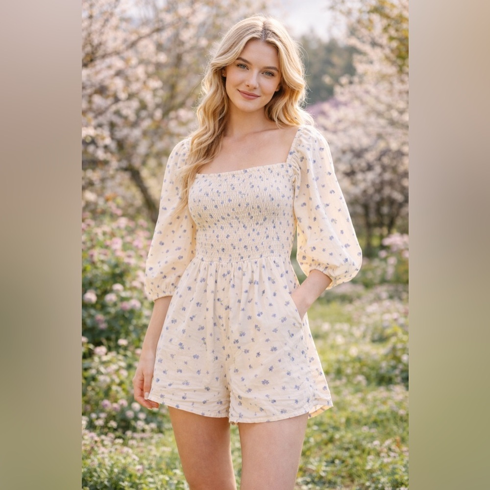 American Eagle Floral Smocked Romper Small Puff Sleeve Cottagecore Blue Cream